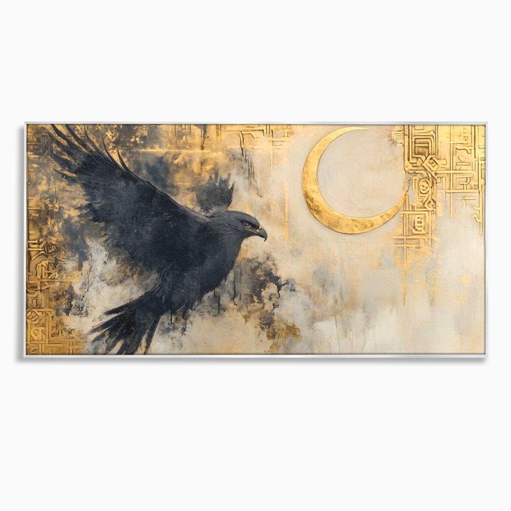 Tablou canvas cu tablou canvas cu vultur si semiluna aurie, in rama de aluminiu argintiu